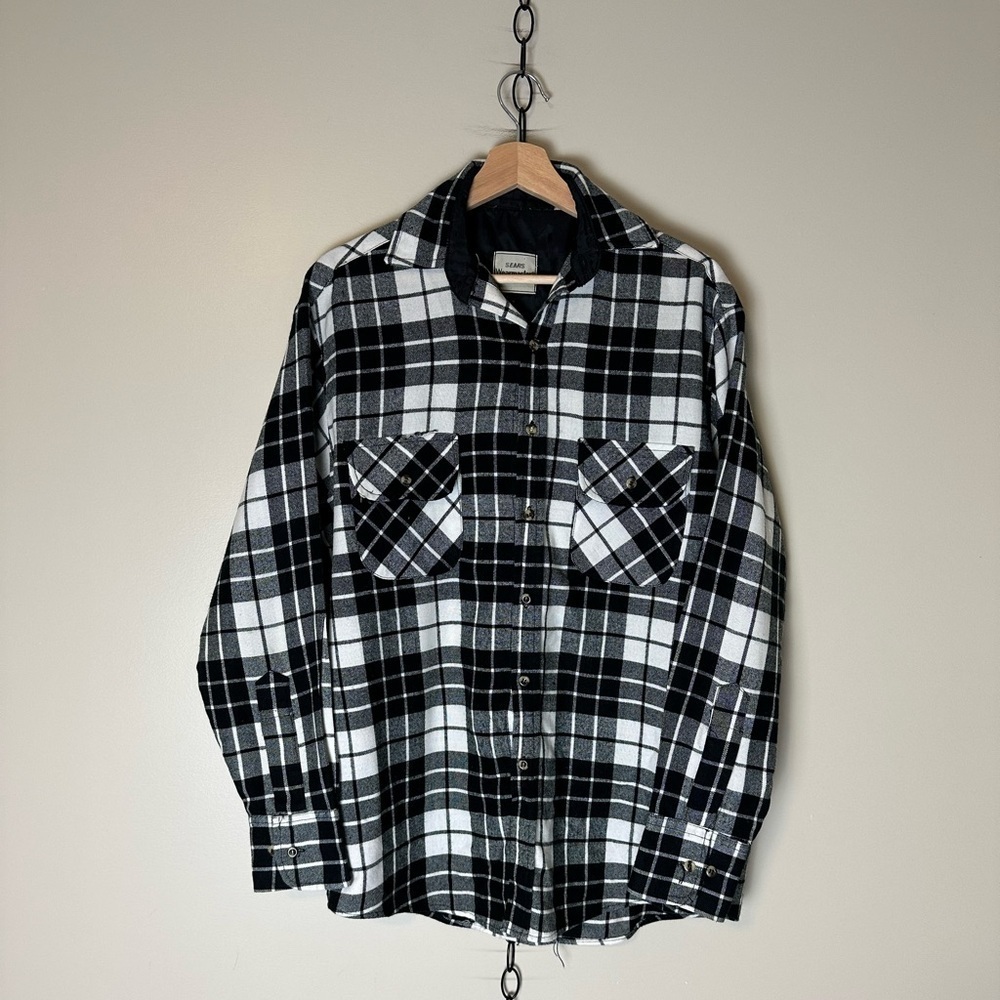 Vintage 1980s Sears Wearmaster Black And White Flannel Shirt